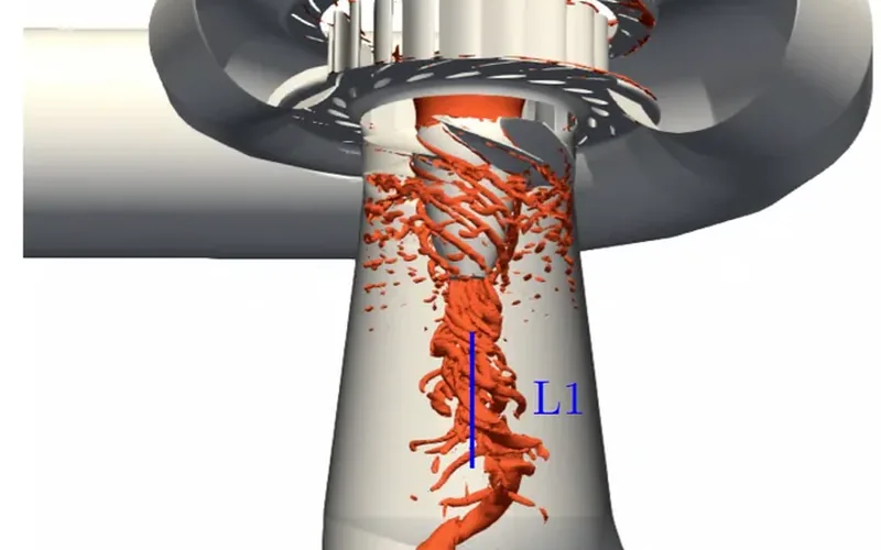 Vortex rope below the runner of a Kaplan turbine model at part load