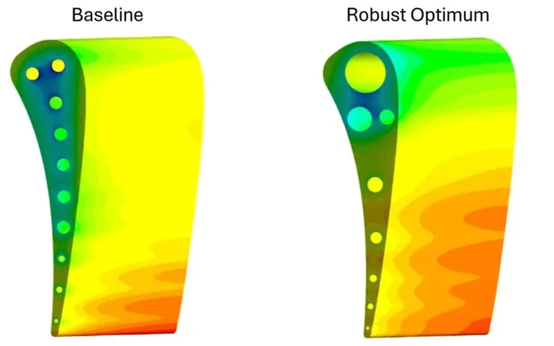 Temperature contours on a baseline cooled turbine vane and on a robust-optimum design