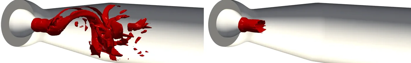 Iso-surfaces of the helical vortex rope in a swirl generator: a large rope without control and a much weaker structure under DRL control