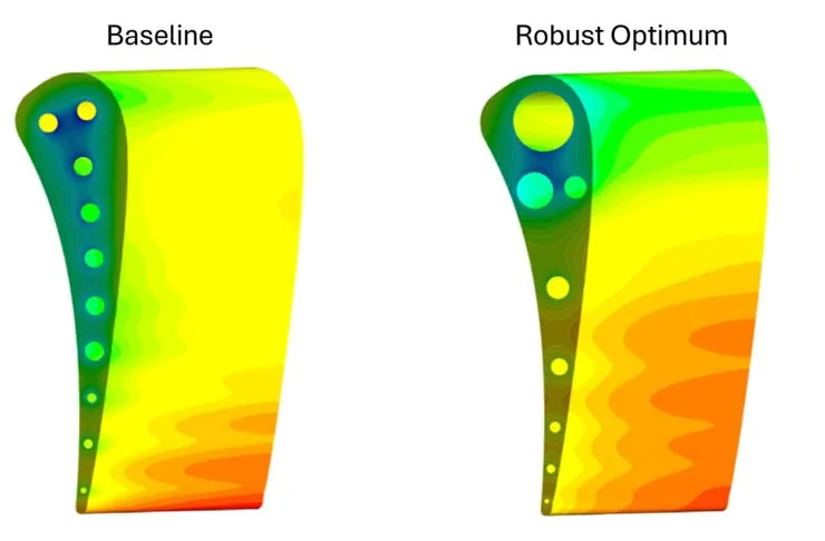 Temperature contours on a baseline and a robust-optimum cooled turbine vane